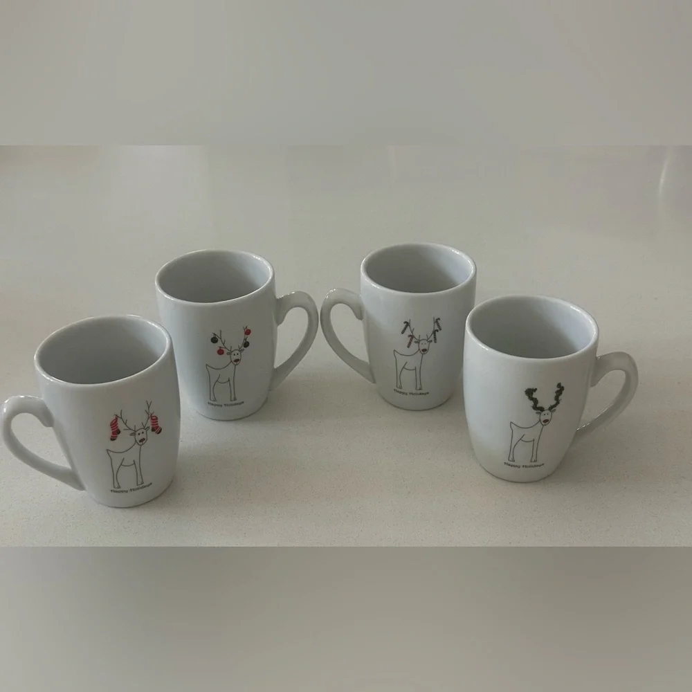 Vtg‎ BIA Rudy The Reindeer Happy Holidays Coffee Mugs Double Sided Set Of 4